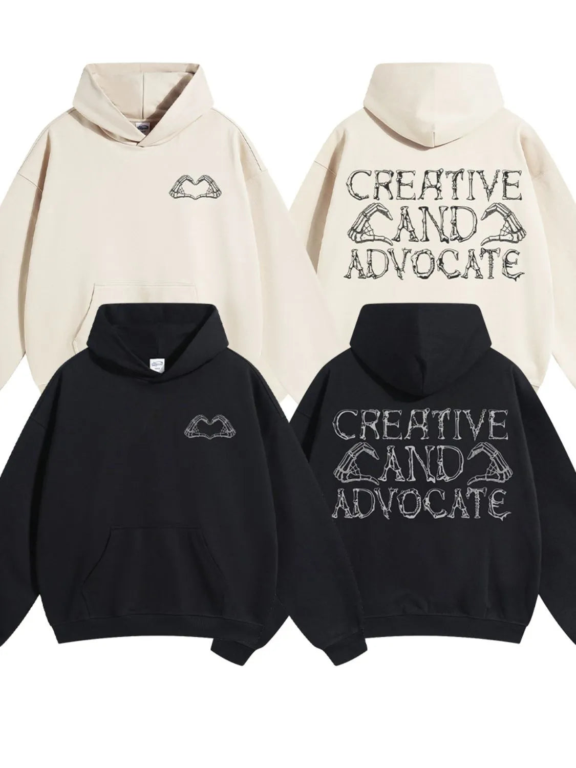 Black and beige oversized hoodies with embroidered skeleton hands forming a heart on the front and text on the back.