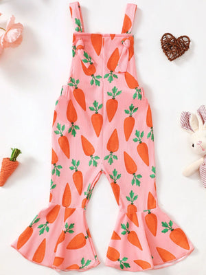 Pink ribbed overalls with carrot print and flared legs.