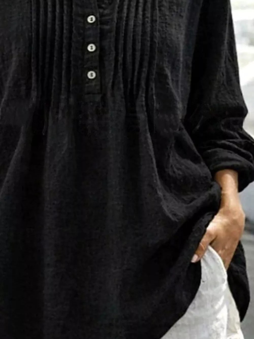 Casual Button Detail Long Sleeve Linen Shirt in Yellow, close-up detail