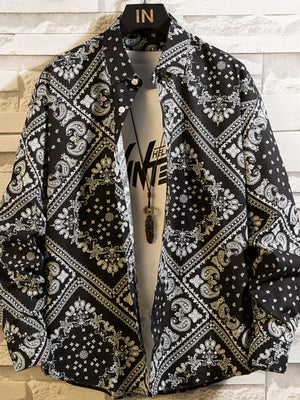 Men's Plus Size Printed Button Up Shirt, fit detail