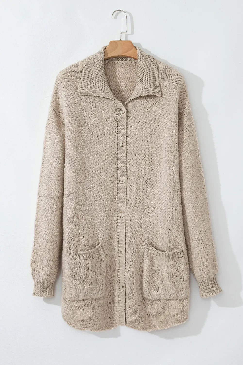 Textured knit collar cardigan in Dust Storm with button front and patch pockets.