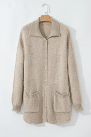 Textured knit collar cardigan in Dust Storm with button front and patch pockets.