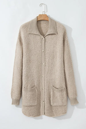 Textured knit collar cardigan in Dust Storm with button front and patch pockets.