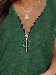 Dark Green zip-front ruched cap-sleeve tee with a ring zipper pull.