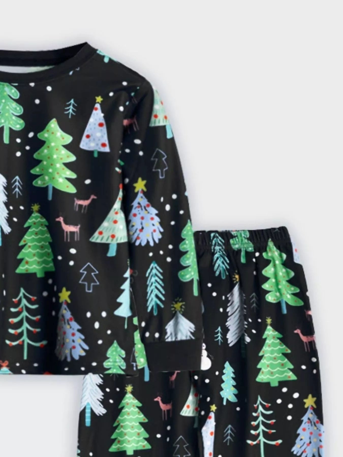 Black Christmas tree print pajama set with long sleeves and pants.