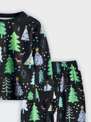 Black Christmas tree print pajama set with long sleeves and pants.