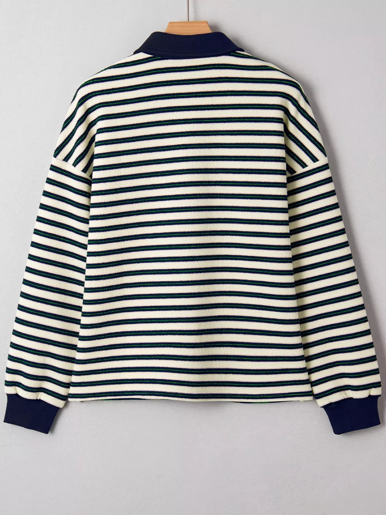 Navy striped long sleeve top with contrast collar and cuffs