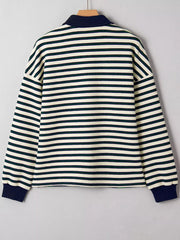 Navy striped long sleeve top with contrast collar and cuffs