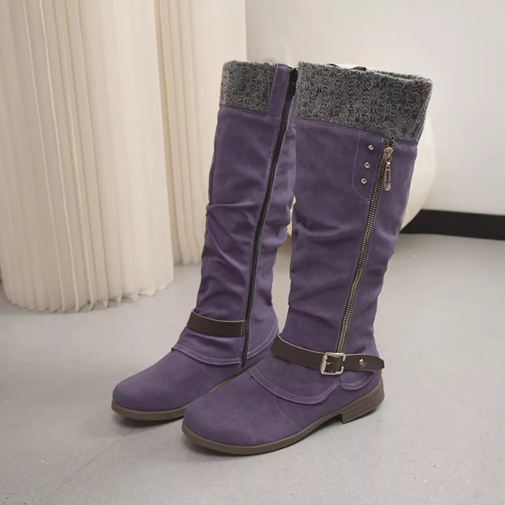 Purple suede slouch knee-high boots with knit detail and side zipper.