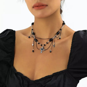 Gothic Cross Pendant Necklace Alloy Resin in Black, close-up detail