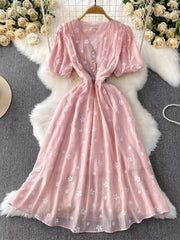 Dusty Pink embroidered midi dress with puff sleeves and button front