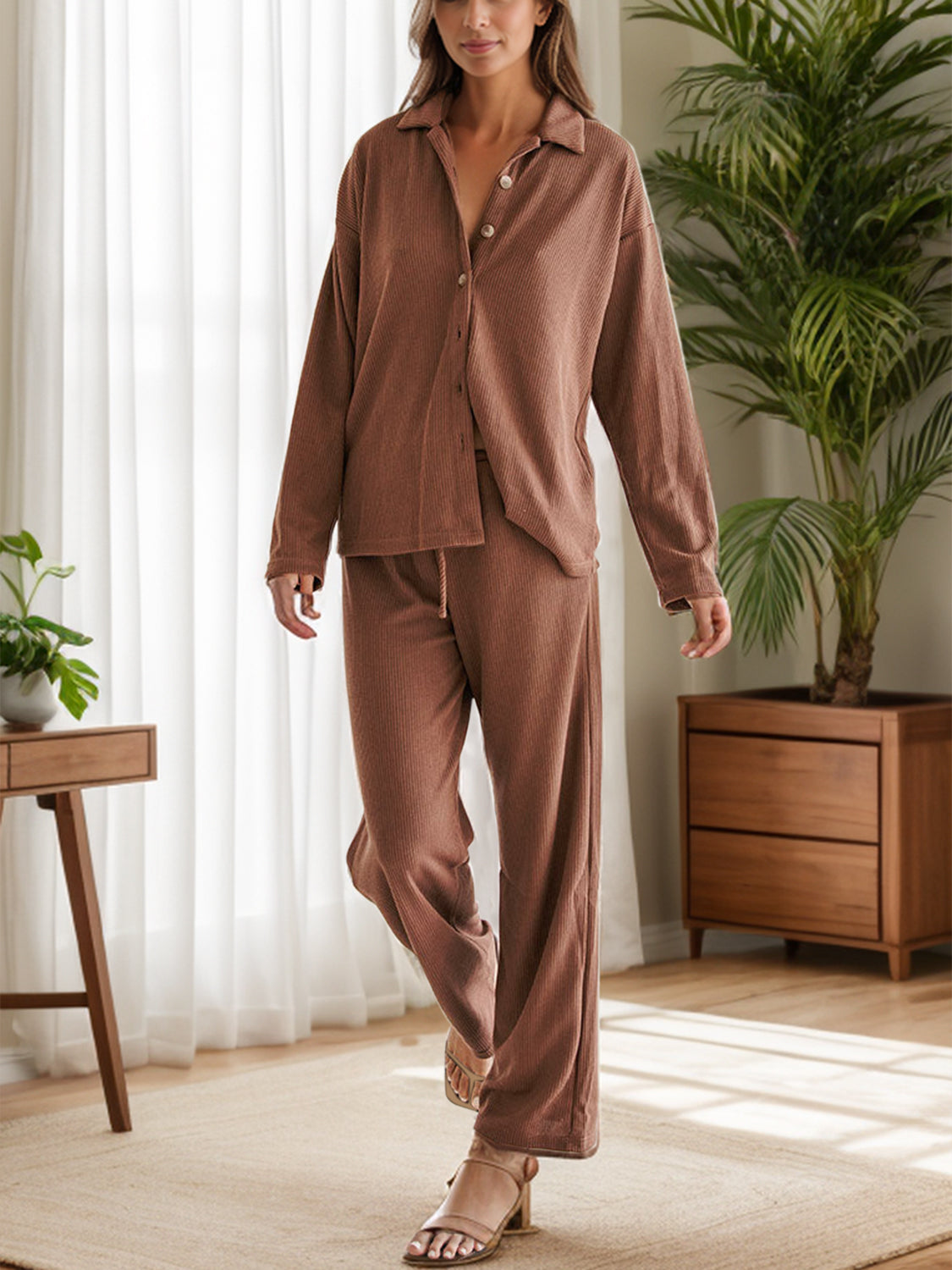 Brown ribbed knit lounge set with relaxed fit button-down shirt and drawstring pants.