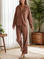 Brown ribbed knit lounge set with relaxed fit button-down shirt and drawstring pants.