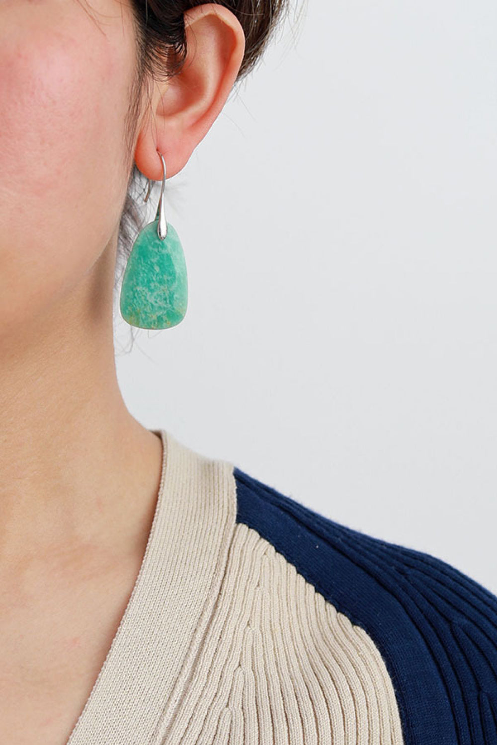 Aqua amazonite teardrop dangle earrings with silver hook.