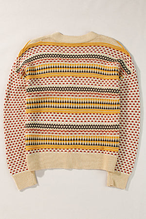 Geometric knit cropped cardigan in khaki with multicolor fair isle pattern and cream trim.