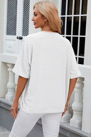 White open-front crochet kimono sleeve top with allover geometric pattern