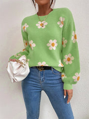 Mid Green knit sweater with puff sleeves and a white daisy floral print.