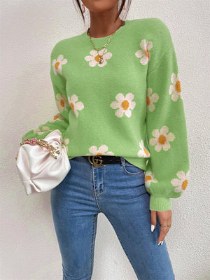 Mid Green knit sweater with puff sleeves and a white daisy floral print.
