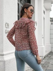 Deep Red floral ruffle trim blouse with buttoned front and long sleeves.
