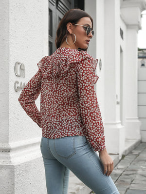 Deep Red floral ruffle trim blouse with buttoned front and long sleeves.