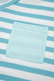 Striped t-shirt in teal and white with a contrasting light blue pocket.