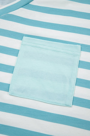 Striped t-shirt in teal and white with a contrasting light blue pocket.