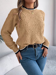 Textured diamond knit sweater with contrast trim in tangerine, khaki, or hot pink.