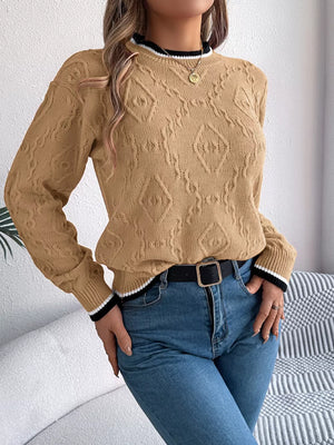 Textured diamond knit sweater with contrast trim in tangerine, khaki, or hot pink.