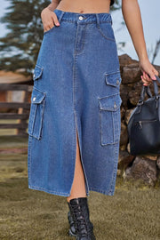 Denim midi skirt in medium blue with cargo pockets and front slit