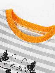 Striped cat crew-neck sweatshirt in light gray with orange trim.