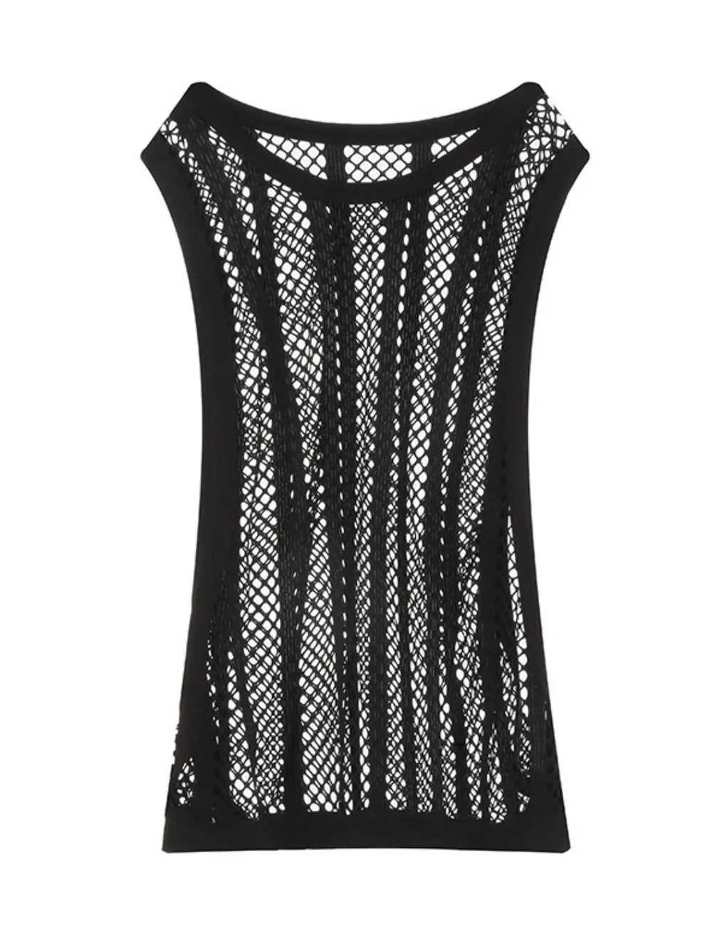 Black mesh tank top with vertical panel detail and round neckline