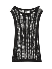 Black mesh tank top with vertical panel detail and round neckline