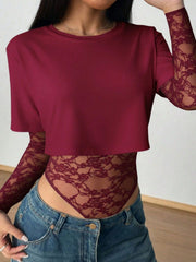 Wine red lace bodysuit with sheer sleeves and patchwork lace torso detail.
