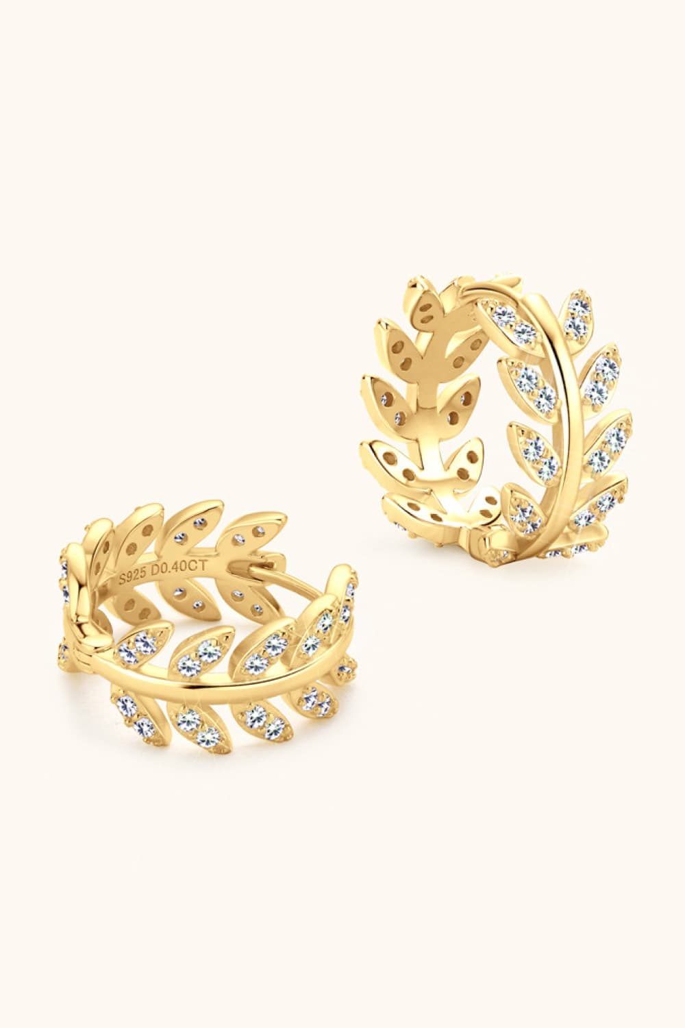 Gold leaf pavé hoop earrings with clear stones, 925 sterling silver.