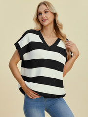 Black and white striped knit top with cap sleeves and V-neck.