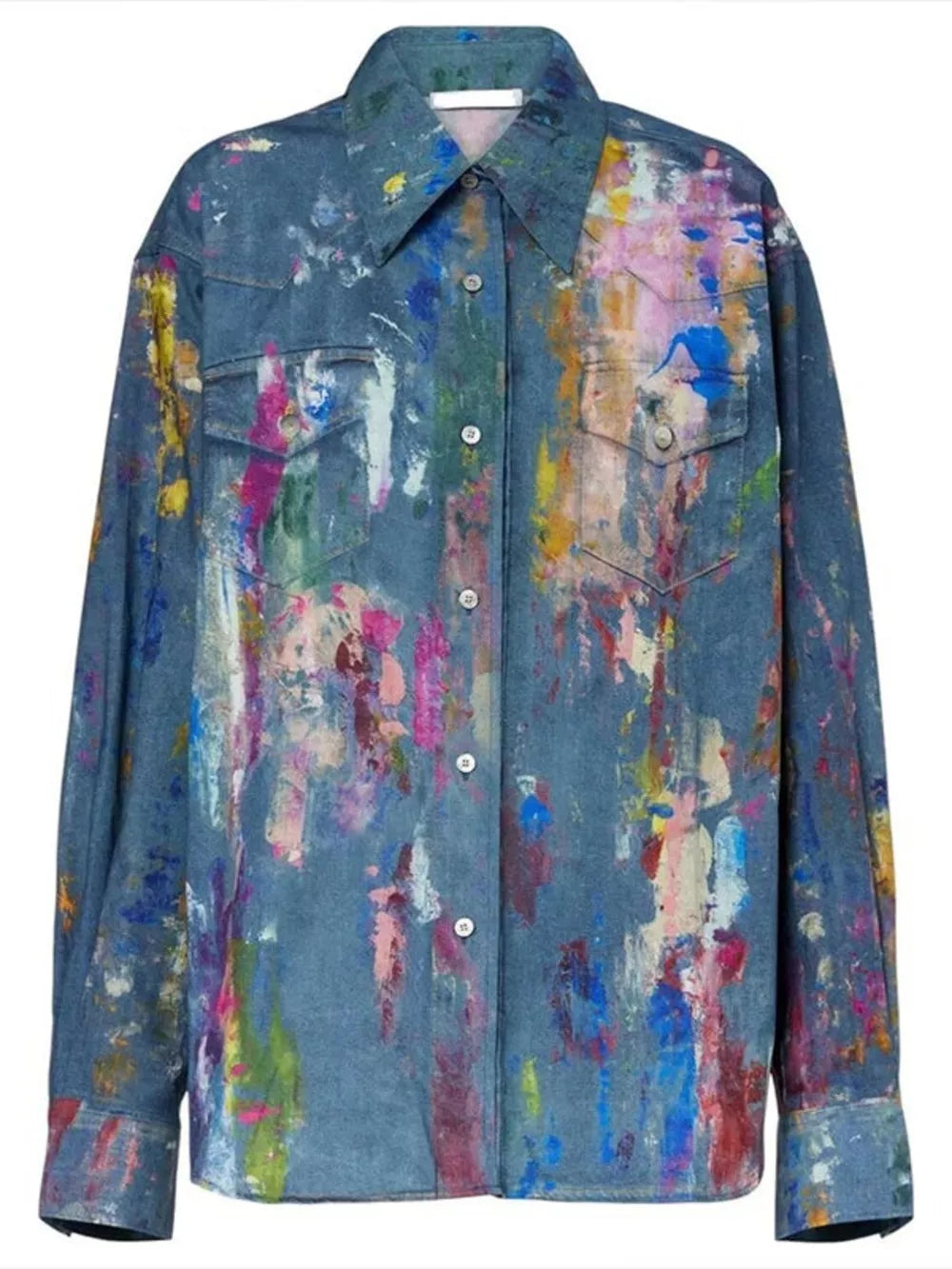 Denim button-up shirt with vibrant abstract paint splatters and pockets.