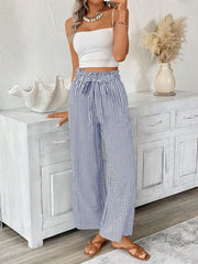 Blue striped paper bag maternity pants with tie waist and wide leg