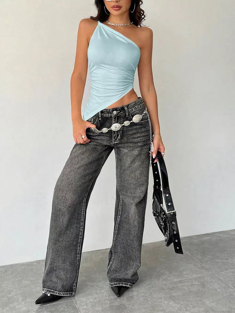 Light blue asymmetrical one-shoulder slim cami with ruched side detail.