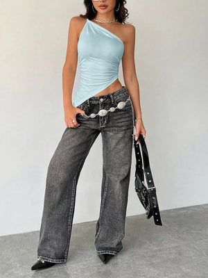 Light blue asymmetrical one-shoulder slim cami with ruched side detail.