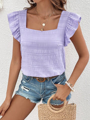 Lavender textured square neck blouse with ruffle sleeves.