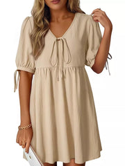 Apricot tied neck puff sleeve mini dress with tie details on sleeves