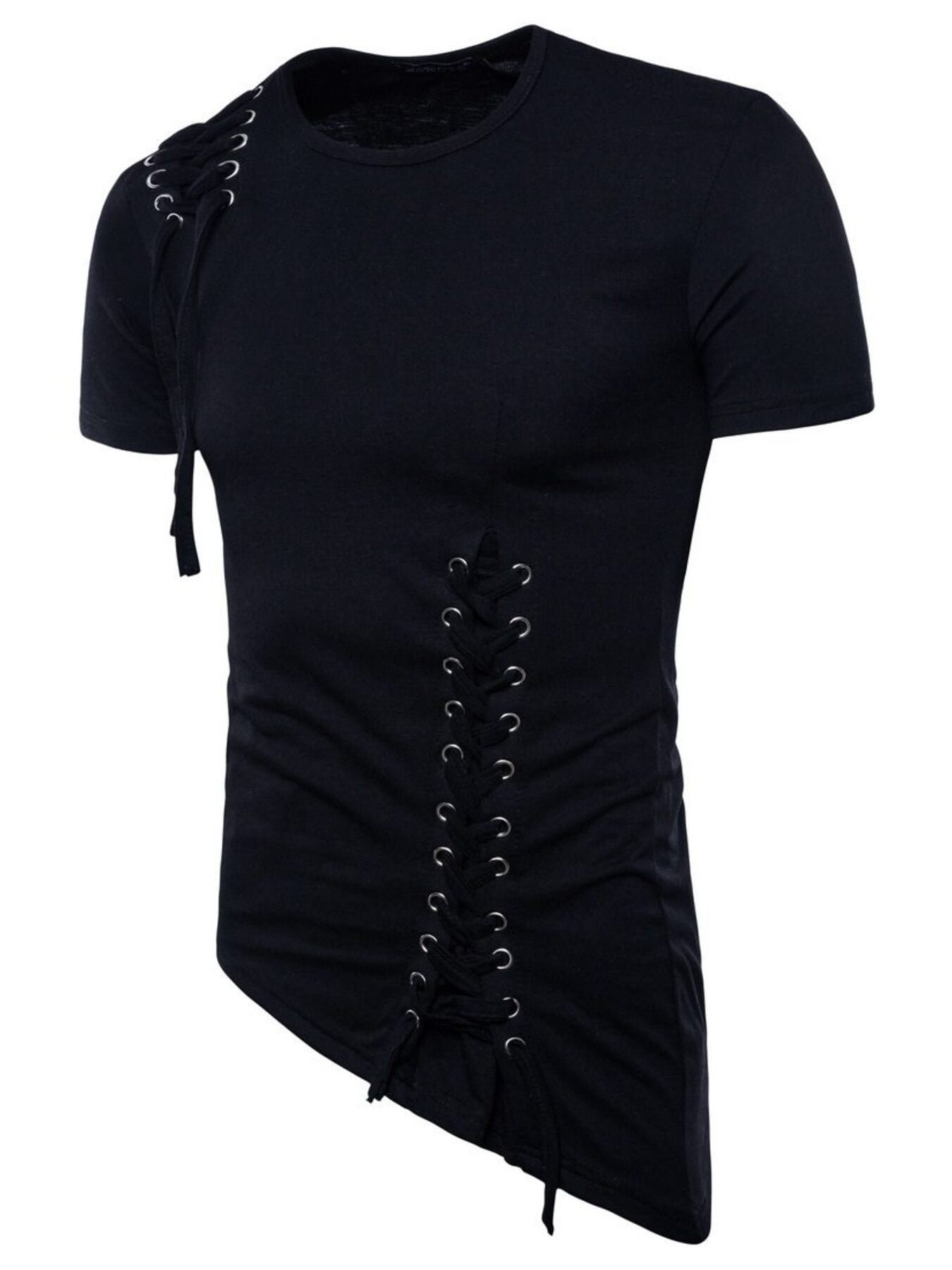 Black cotton t-shirt with lace-up details on shoulder and side, asymmetric hem.