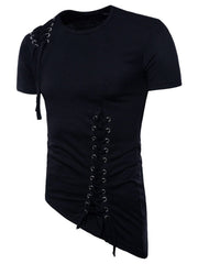 Black cotton t-shirt with lace-up details on shoulder and side, asymmetric hem.