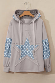 Gray hoodie with star patchwork and floral sleeves
