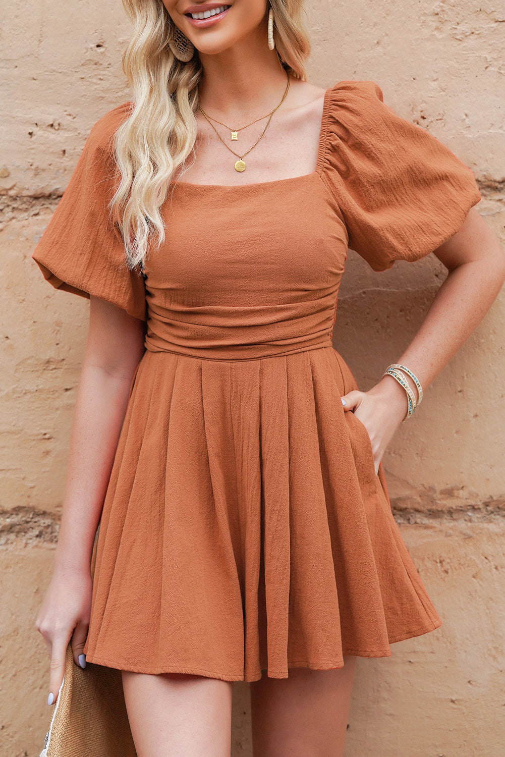 Ochre square neck romper with puff sleeves and cinched waist
