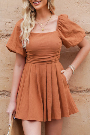 Ochre square neck romper with puff sleeves and cinched waist