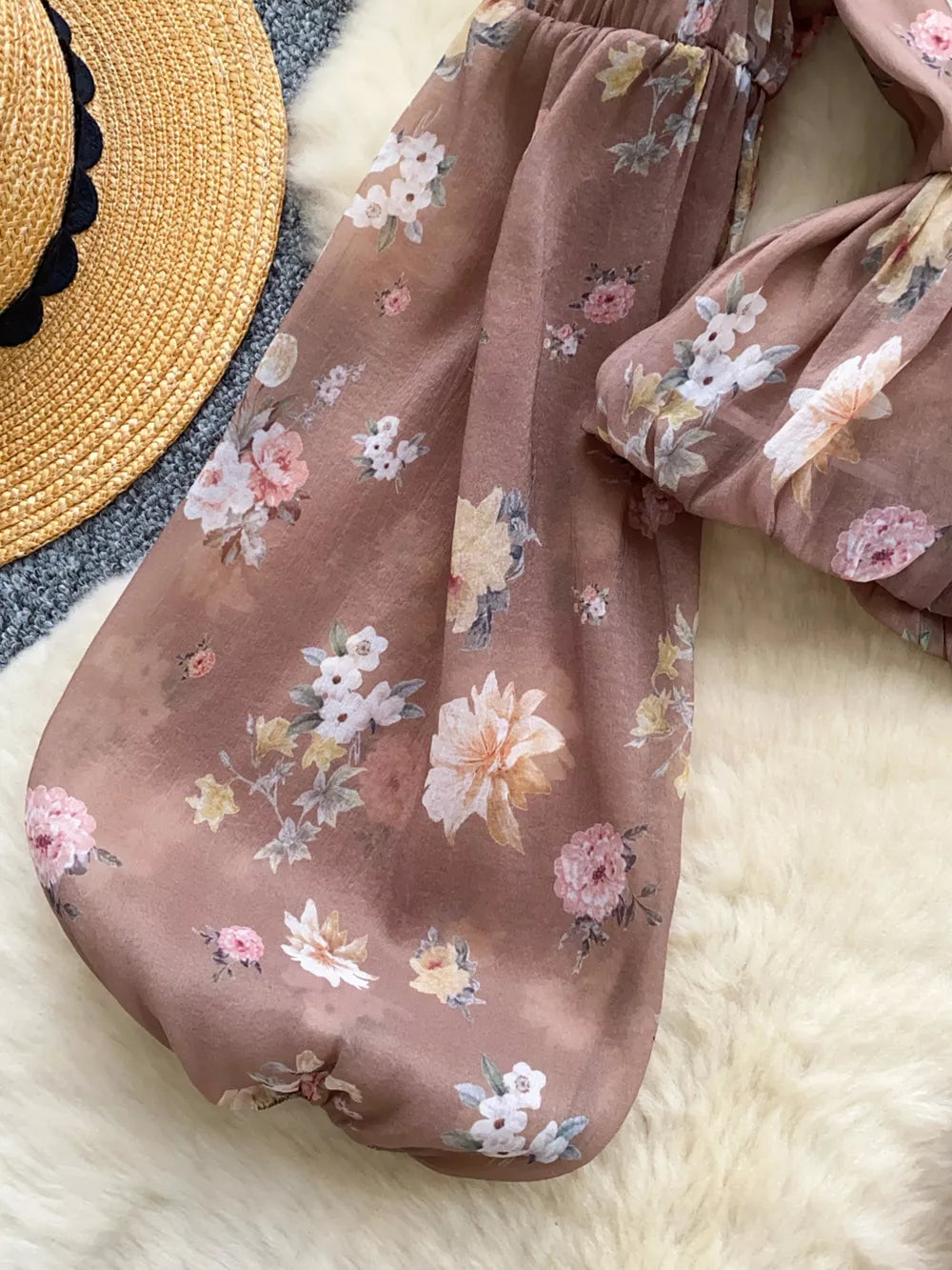 Apricot chiffon blouse with floral print and balloon sleeves