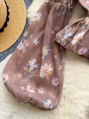 Apricot chiffon blouse with floral print and balloon sleeves