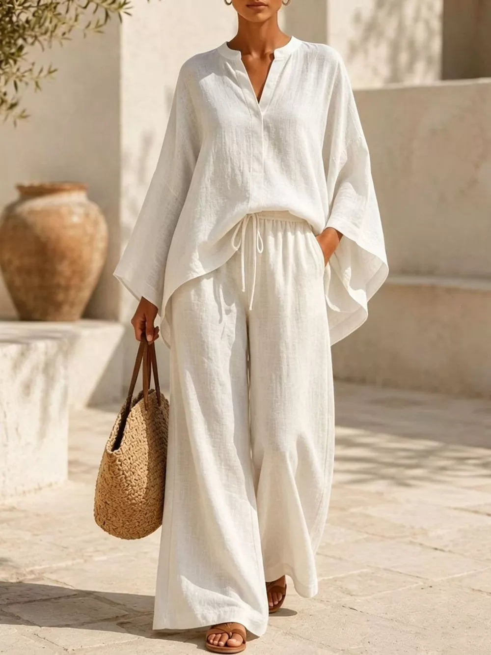 Notched Long Sleeve Top And Wide-leg Pants Set in White, close-up detail