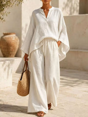 Notched Long Sleeve Top And Wide-leg Pants Set in White, close-up detail